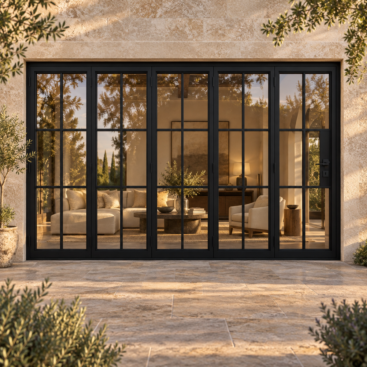 Black 6-Lite five-panel steel bifold door in a luxury limestone residence — lifestyle visualization