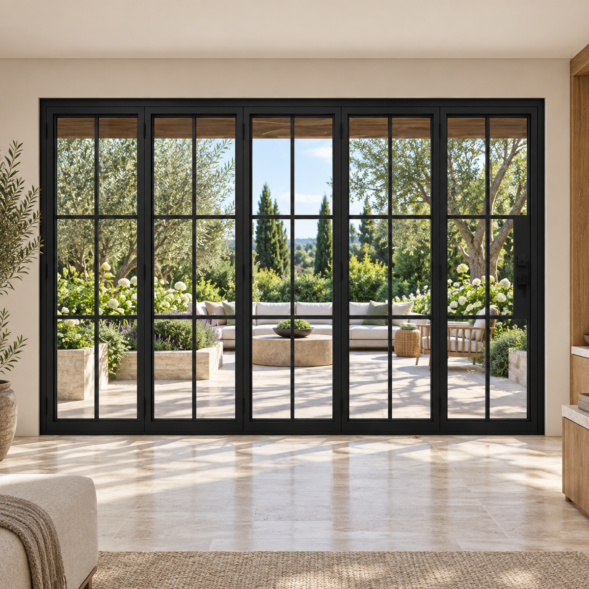 Black 6-Lite five-panel steel bifold door overlooking a landscaped garden terrace — lifestyle visualization