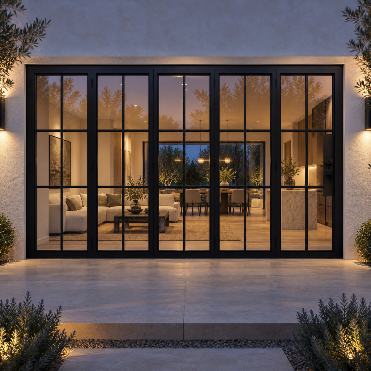 Black 6-Lite five-panel steel bifold door at a warmly lit modern residence at dusk — lifestyle visualization