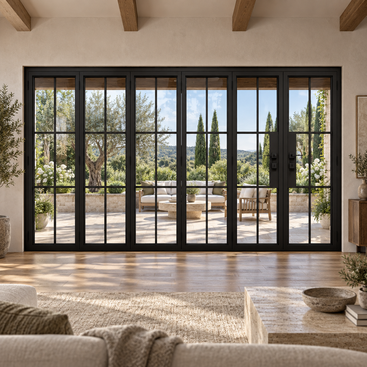 Black 6-Lite - 5+1 Panel Steel Bifold Door overlooking a landscaped terrace — lifestyle visualization