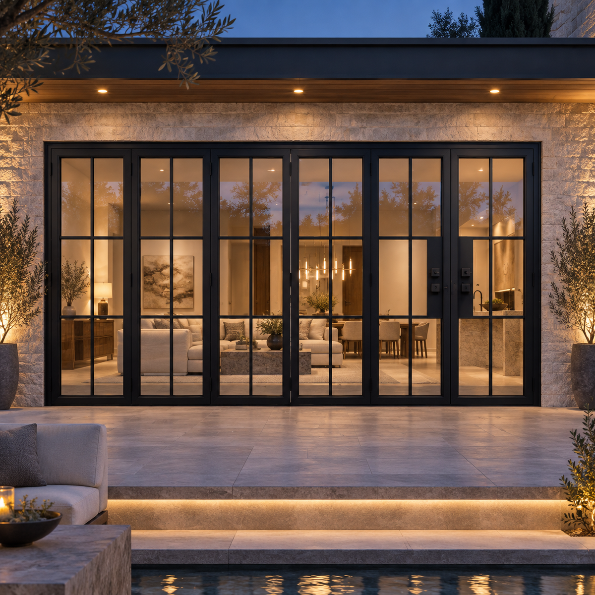 Black 6-Lite - 5+1 Panel Steel Bifold Door at a modern residence at dusk — lifestyle visualization
