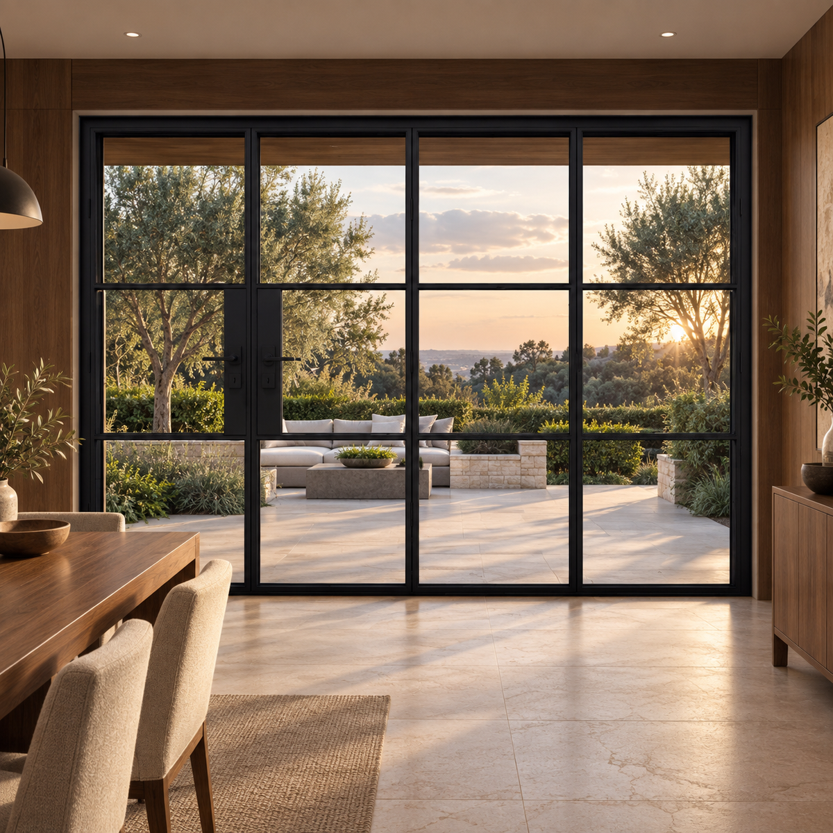 3S 3+1-panel black steel bifold door in a walnut dining room overlooking a terrace — lifestyle visualization