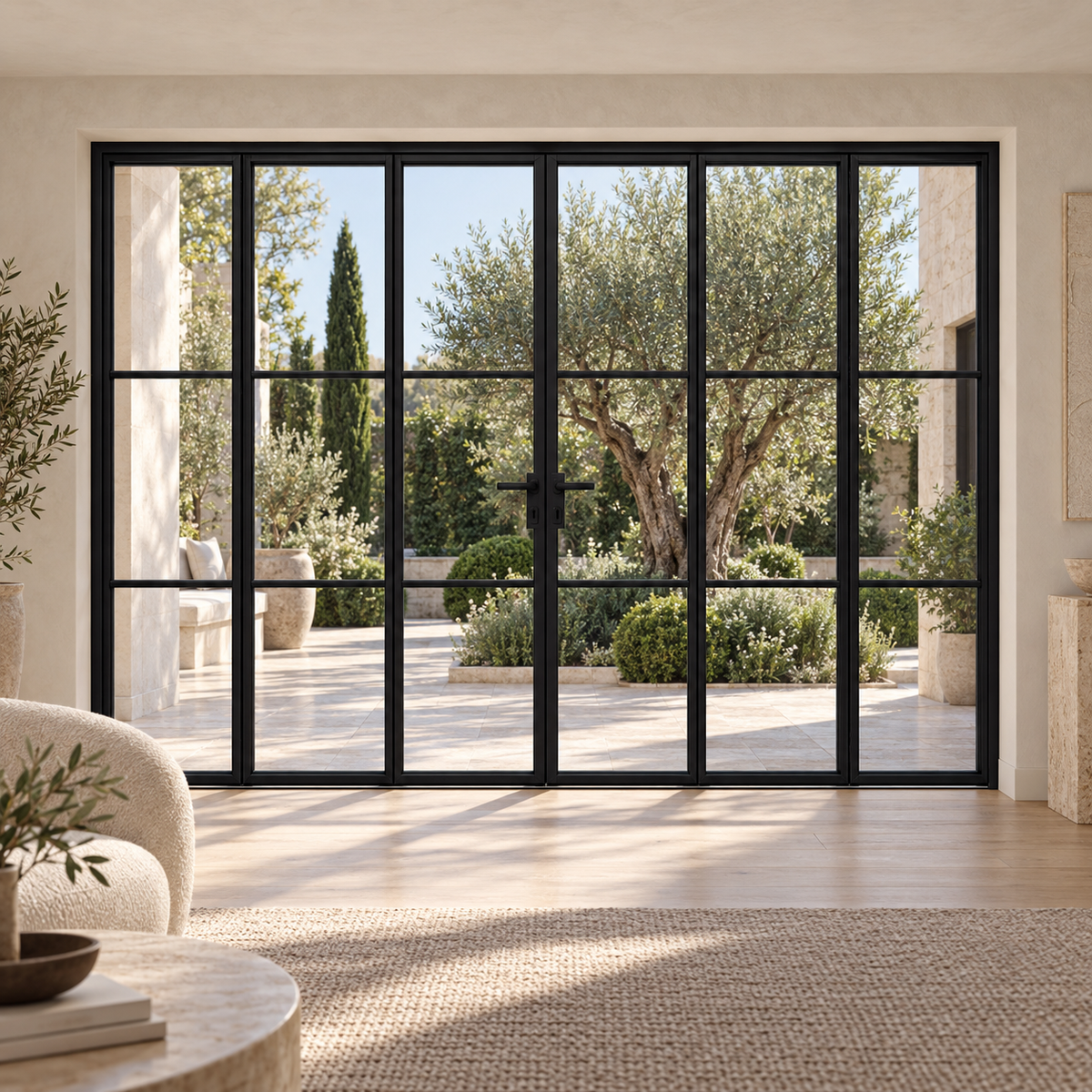 3S 3+3-panel black cold-rolled steel bifold door in an ivory living room overlooking an olive courtyard — lifestyle visualization
