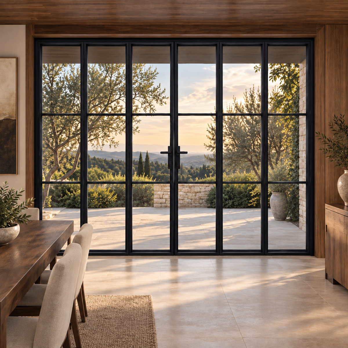 3S 3+3-panel black cold-rolled steel bifold door in a walnut dining room overlooking a terrace — lifestyle visualization