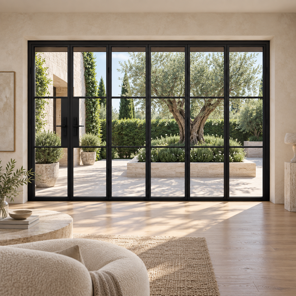 3S 5+1-panel black cold-rolled steel bifold door in an ivory living room overlooking an olive courtyard — lifestyle visualization