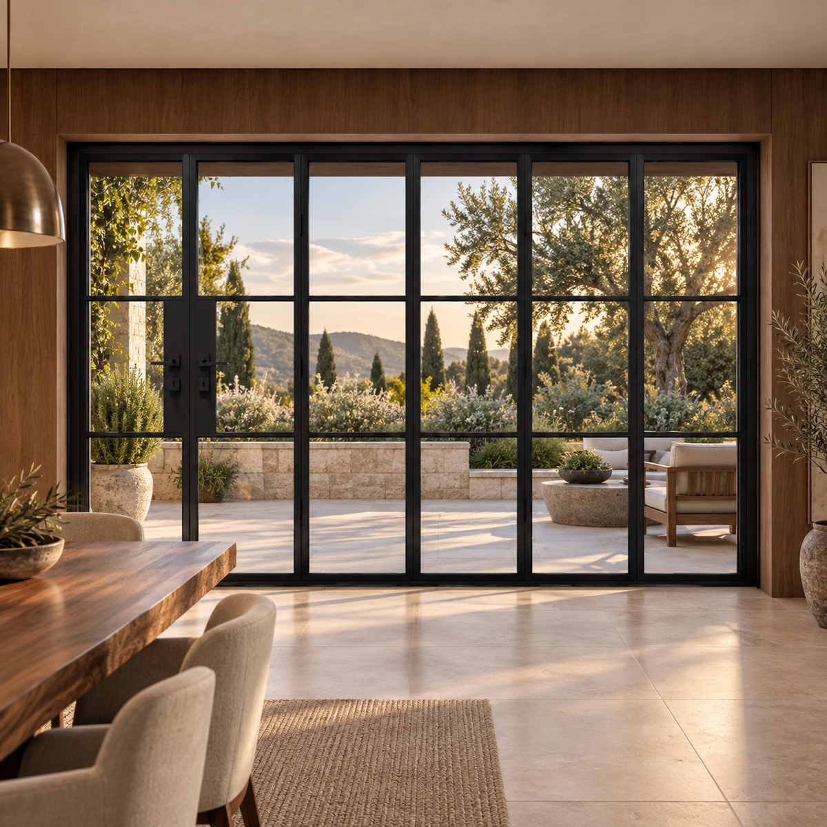 3S 5+1-panel black cold-rolled steel bifold door in a walnut dining room overlooking a terrace — lifestyle visualization
