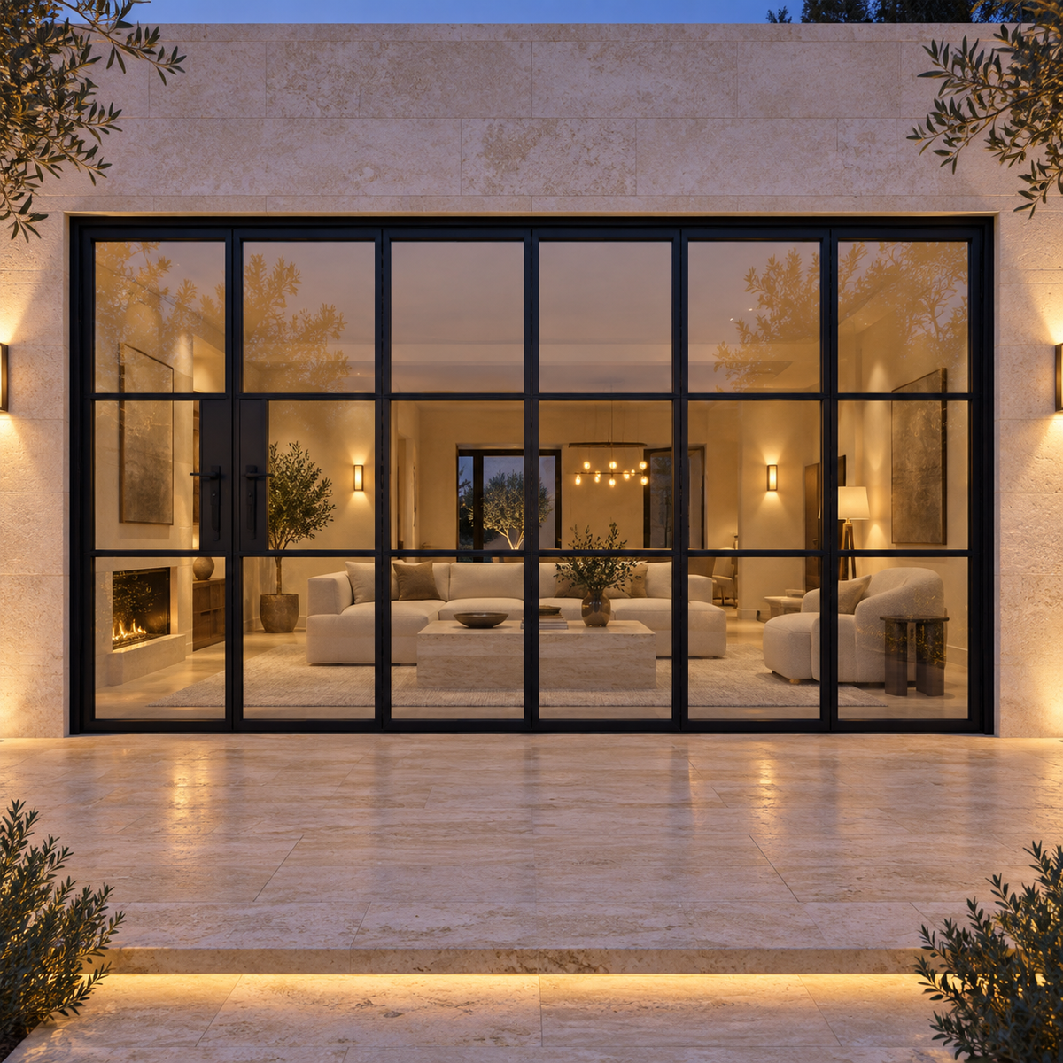3S 5+1-panel black cold-rolled steel bifold door on a limestone terrace at blue hour — lifestyle visualization