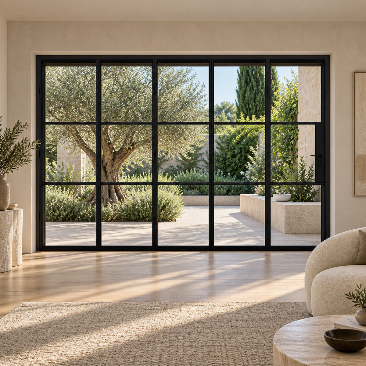 3S 5-panel black cold-rolled steel bifold door in an ivory living room overlooking an olive courtyard — lifestyle visualization