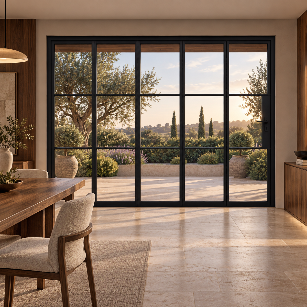 3S 5-panel black cold-rolled steel bifold door in a walnut dining room overlooking a terrace — lifestyle visualization