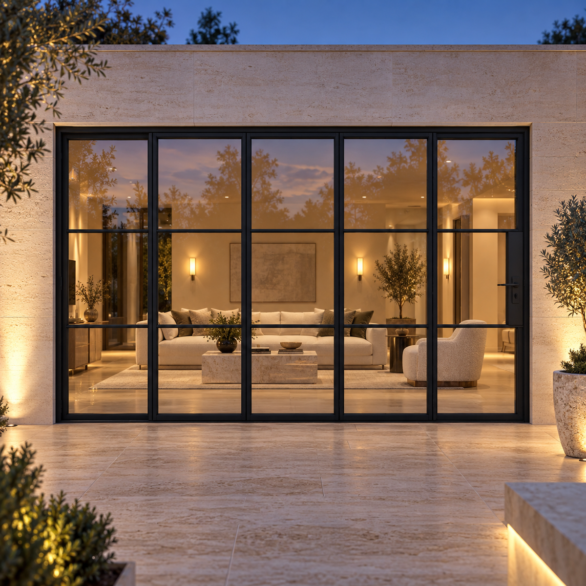 3S 5-panel black cold-rolled steel bifold door on a limestone terrace at blue hour — lifestyle visualization