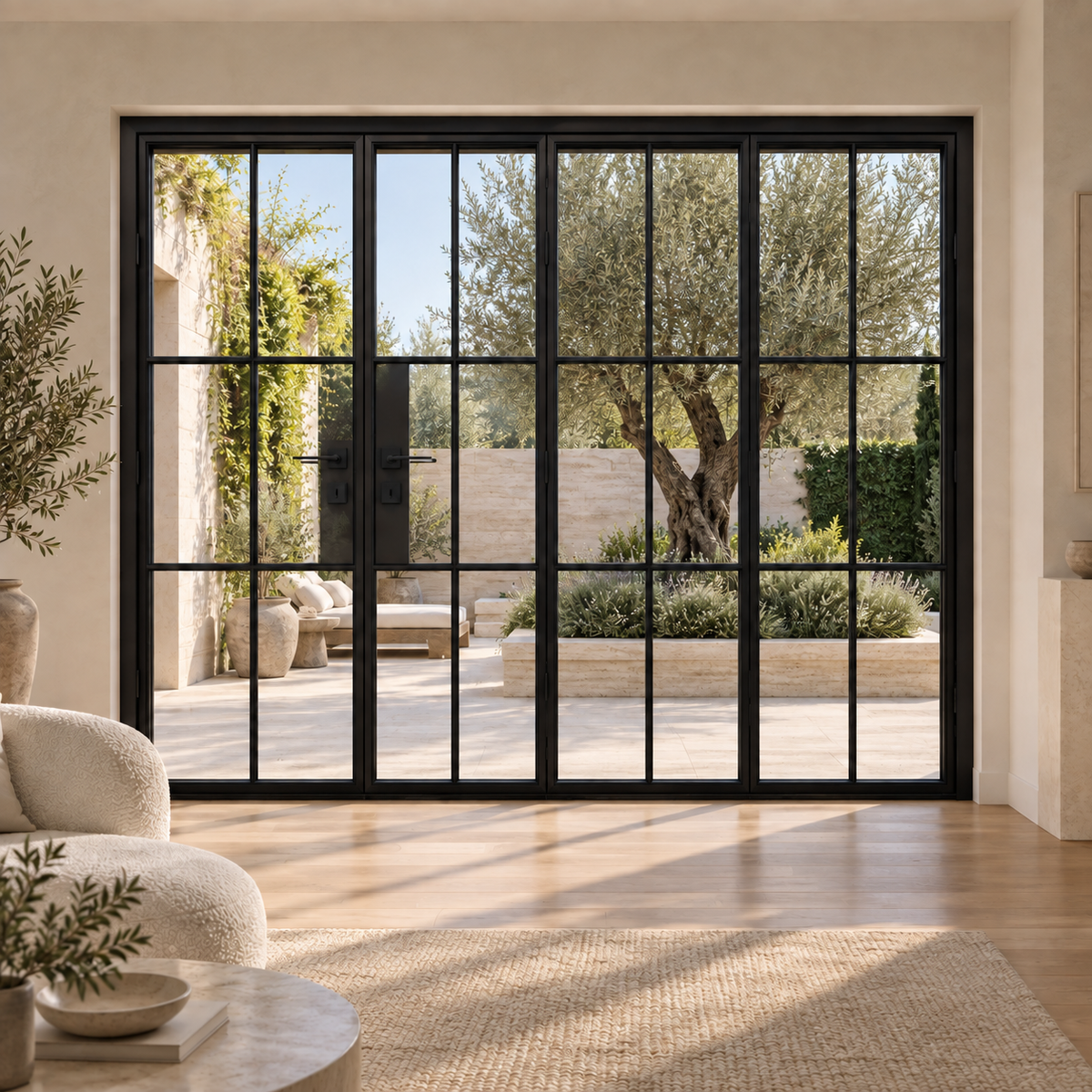 6S 3+1-panel black steel bifold door in a limestone living room overlooking an olive courtyard — lifestyle visualization