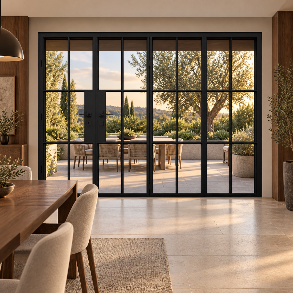 6S 3+1-panel black steel bifold door in a walnut dining room overlooking a terrace — lifestyle visualization