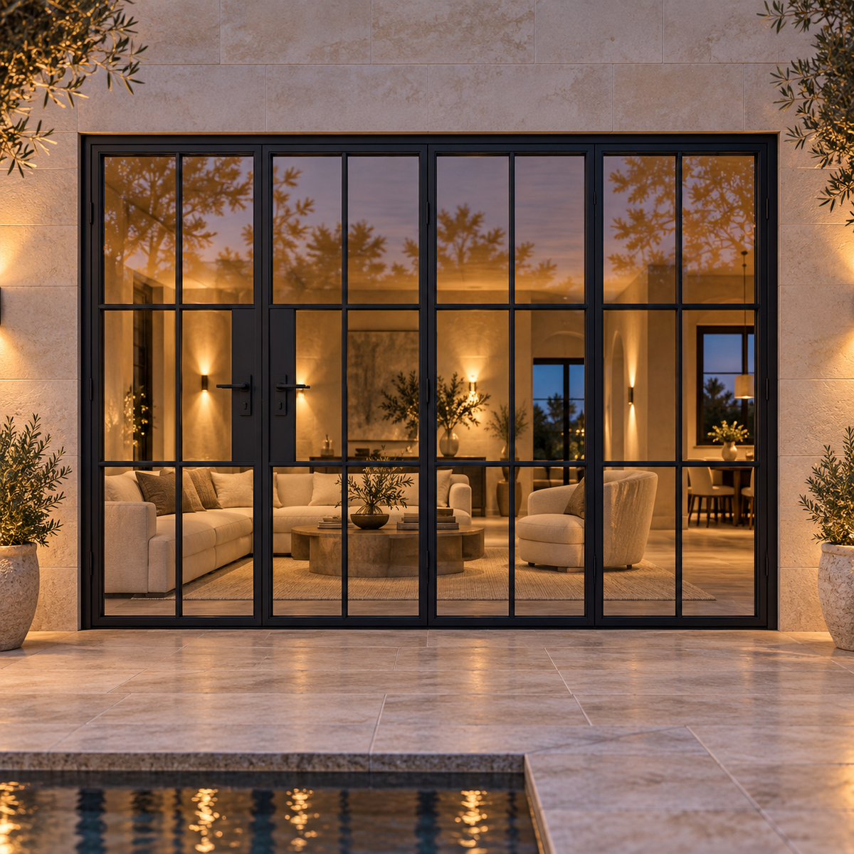 6S 3+1-panel black steel bifold door on a travertine terrace at blue hour — lifestyle visualization