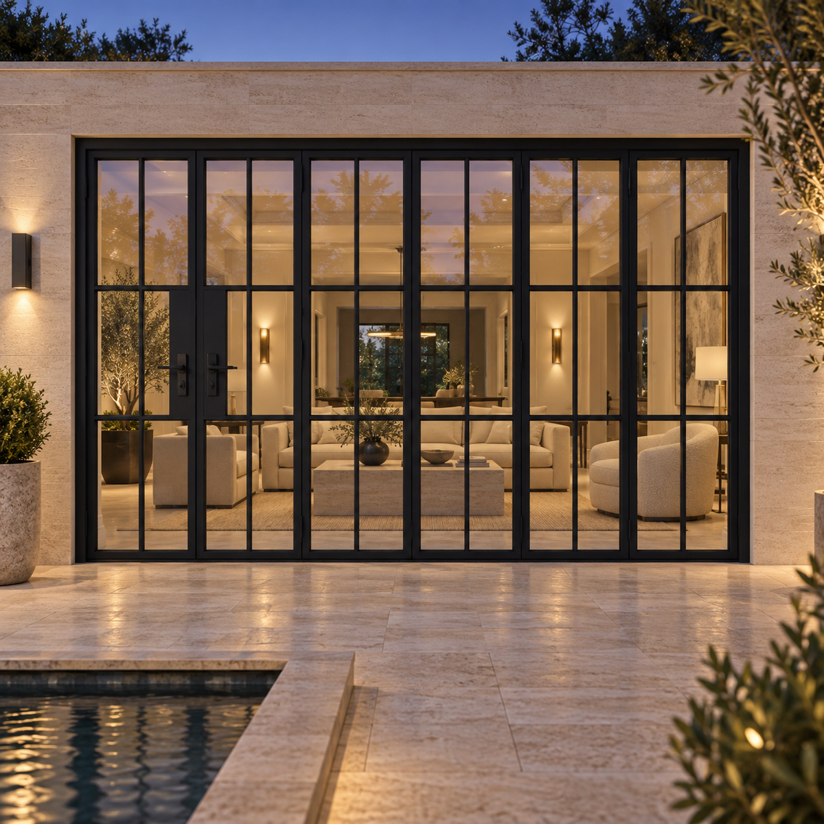 6S 5+1-panel black cold-rolled steel bifold door on a limestone terrace at blue hour — lifestyle visualization