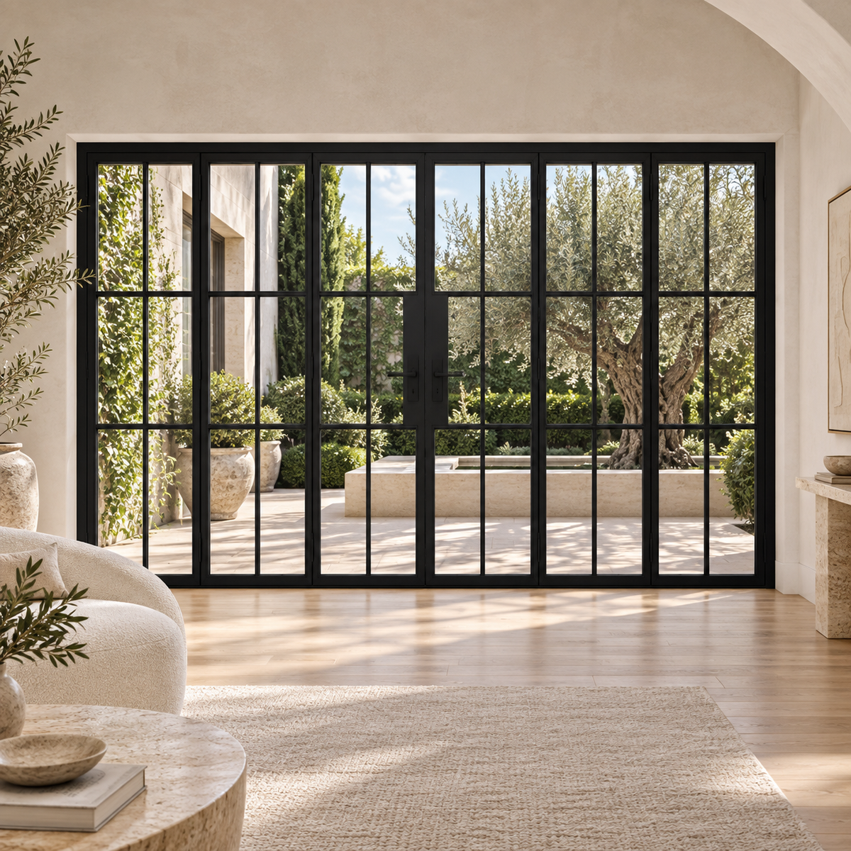 6S 3+3-panel black cold-rolled steel bifold door in an ivory living room overlooking an olive courtyard — lifestyle visualization