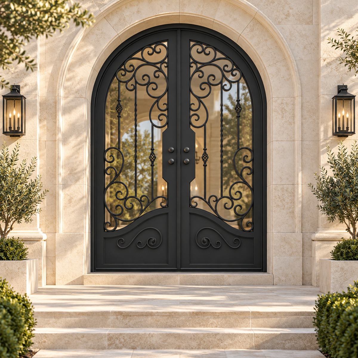Summit 2 Double thermally broken black steel door in a luxury limestone exterior — lifestyle visualization