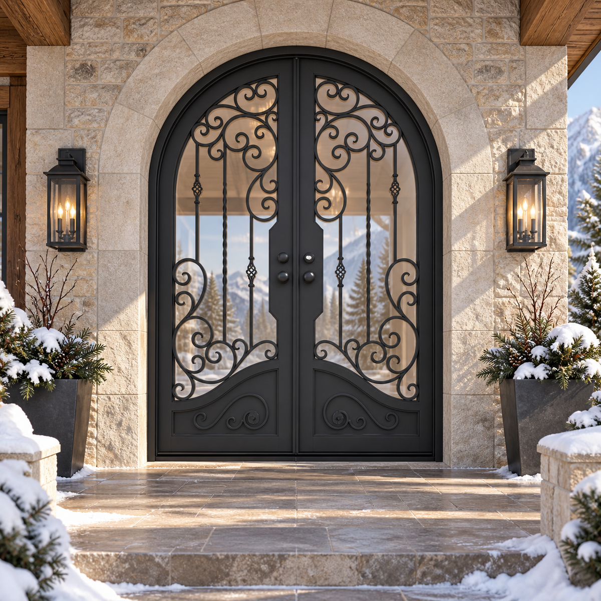 Summit Double thermally broken black steel door in a luxury winter mountain home — lifestyle visualization
