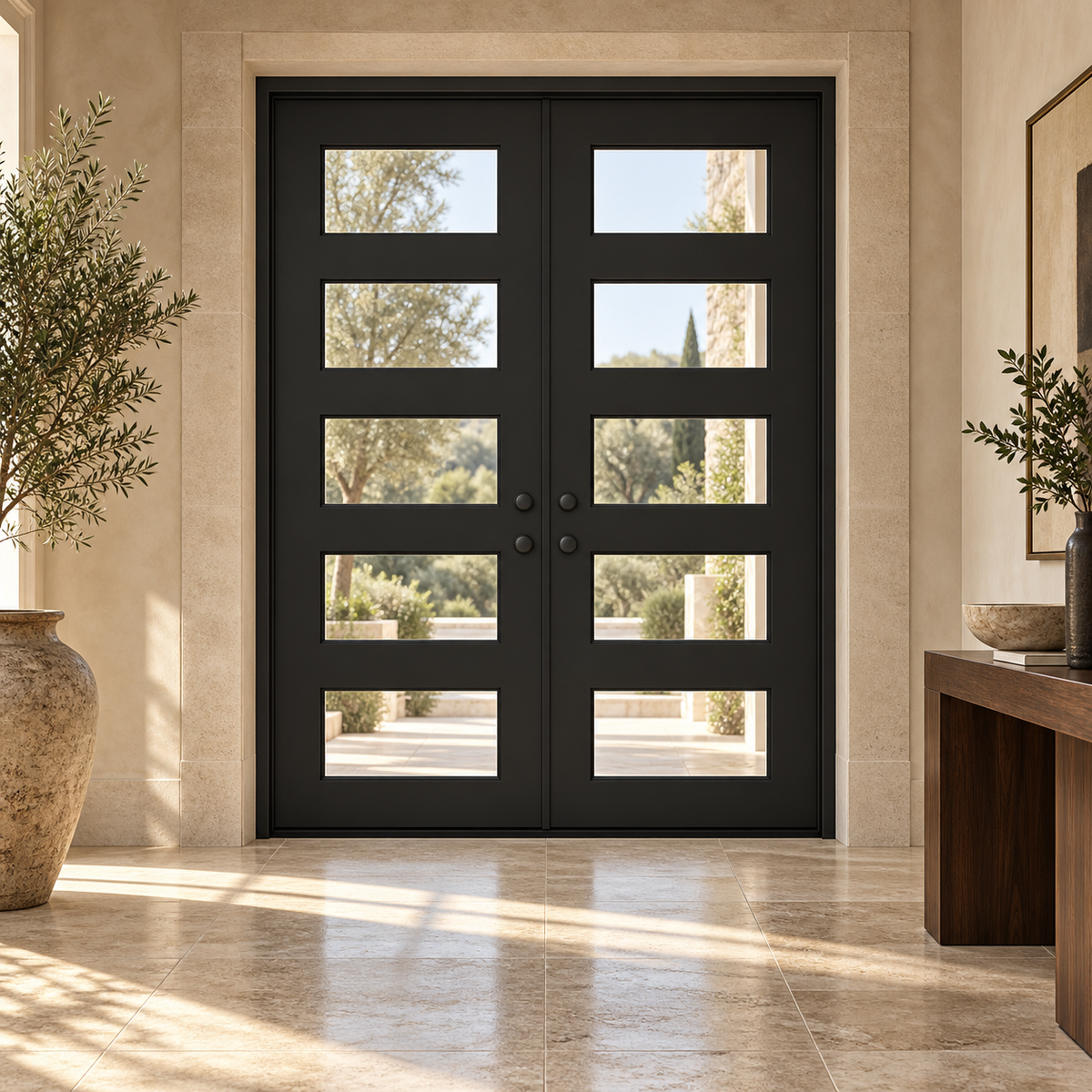 Manhattan 5 Double thermally broken black steel door in a luxury interior foyer — lifestyle visualization