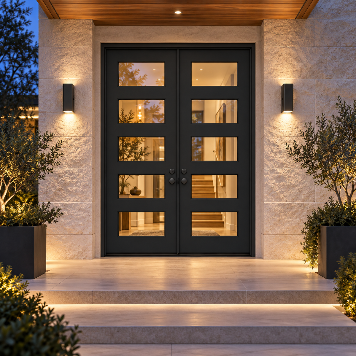 Manhattan Double thermally broken black steel door in a luxury evening entryway — lifestyle visualization
