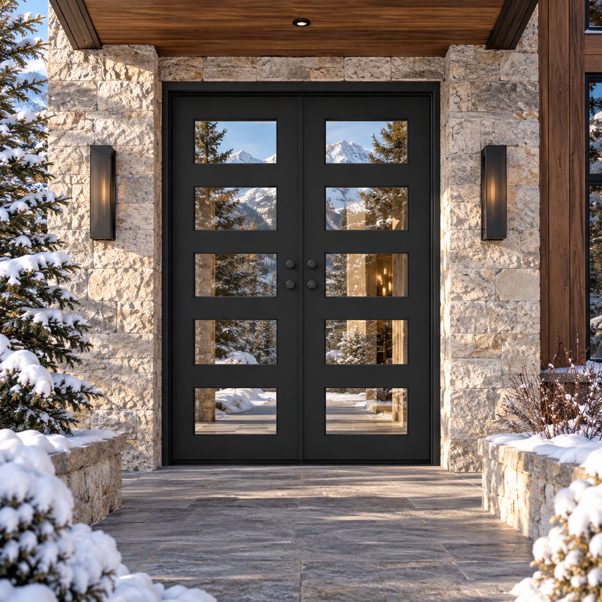 Manhattan Double thermally broken black steel door in a luxury winter mountain home — lifestyle visualization