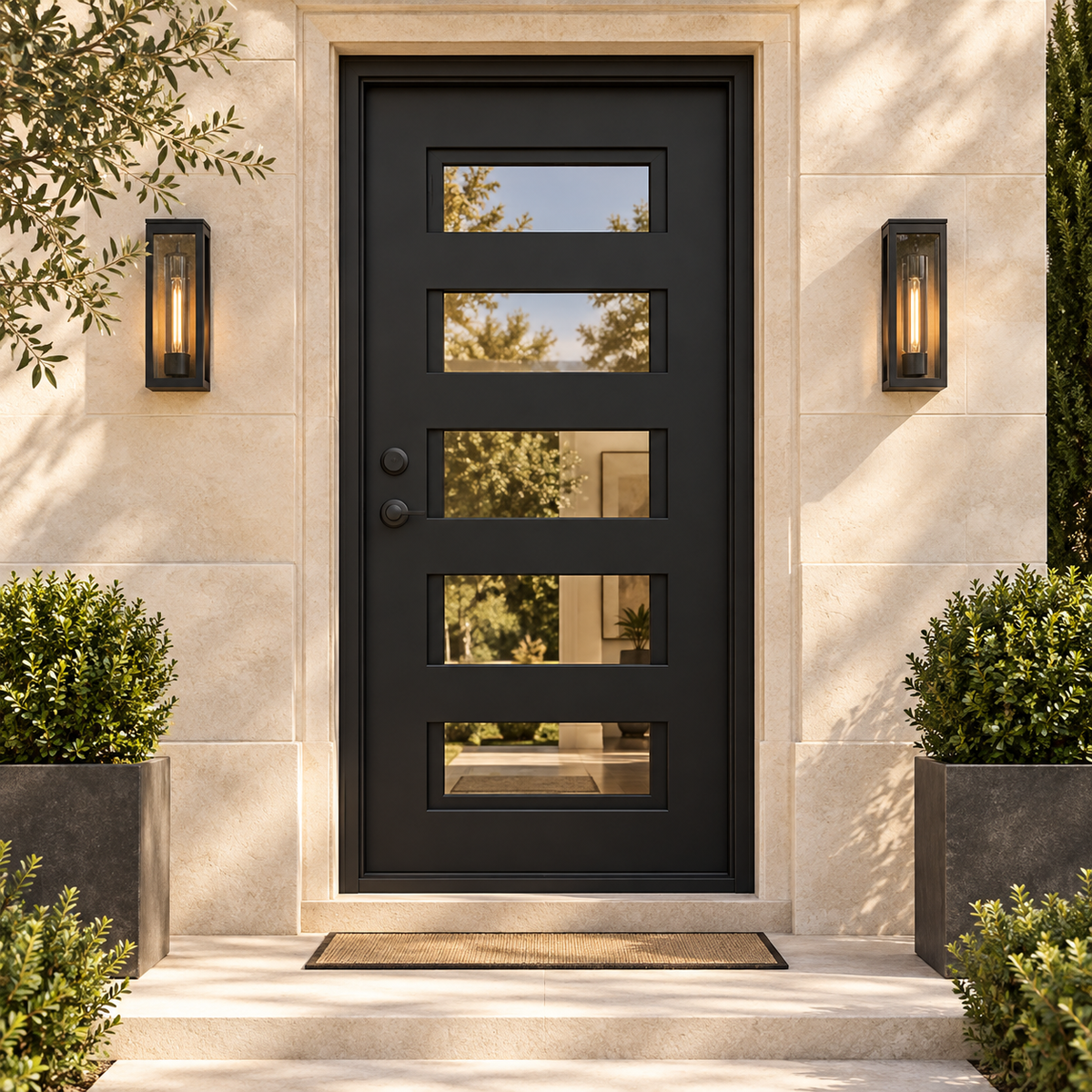 Manhattan 5 Single thermally broken black steel door in a luxury limestone exterior — lifestyle visualization