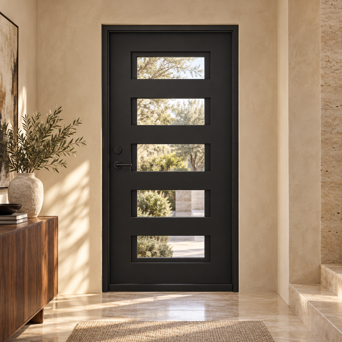 Manhattan 5 Single thermally broken black steel door in a luxury interior foyer — lifestyle visualization