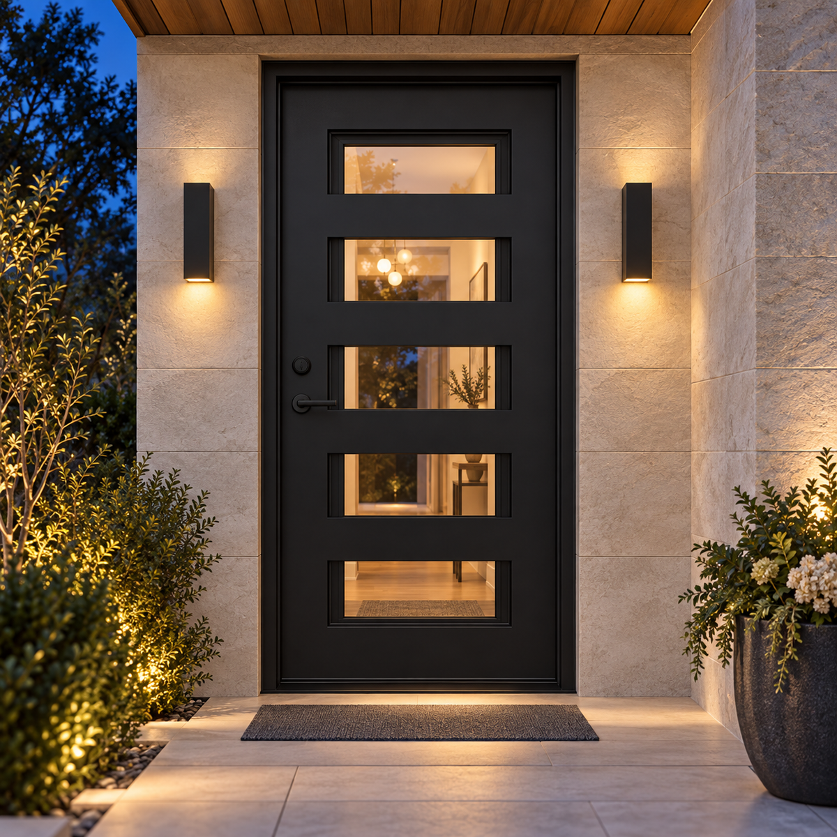 Manhattan Single thermally broken black steel door in a luxury evening entryway — lifestyle visualization