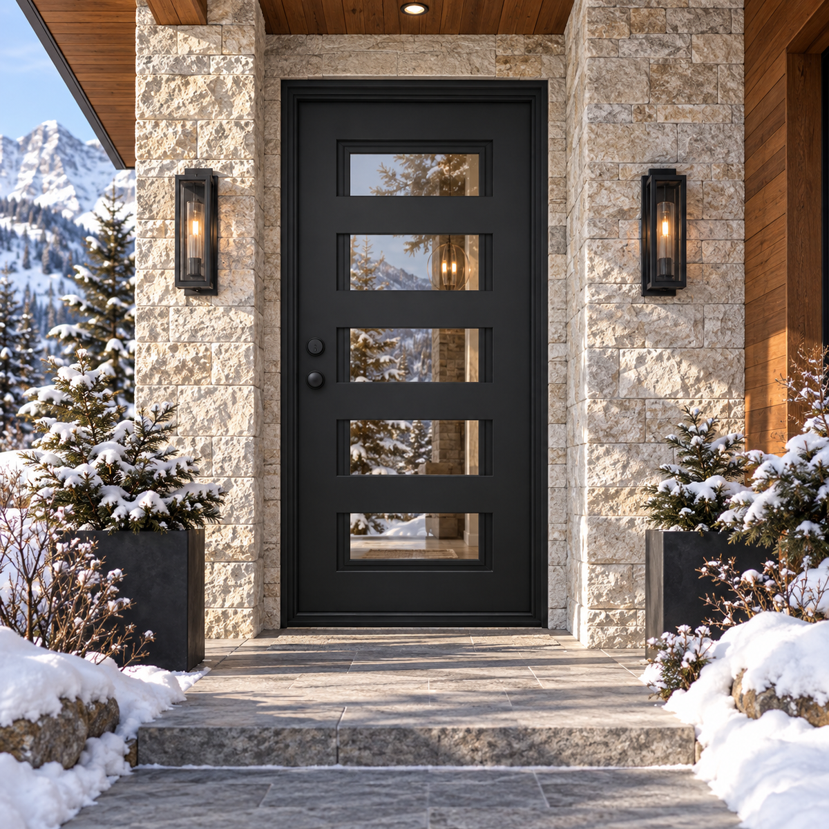 Manhattan Single thermally broken black steel door in a luxury winter mountain home — lifestyle visualization