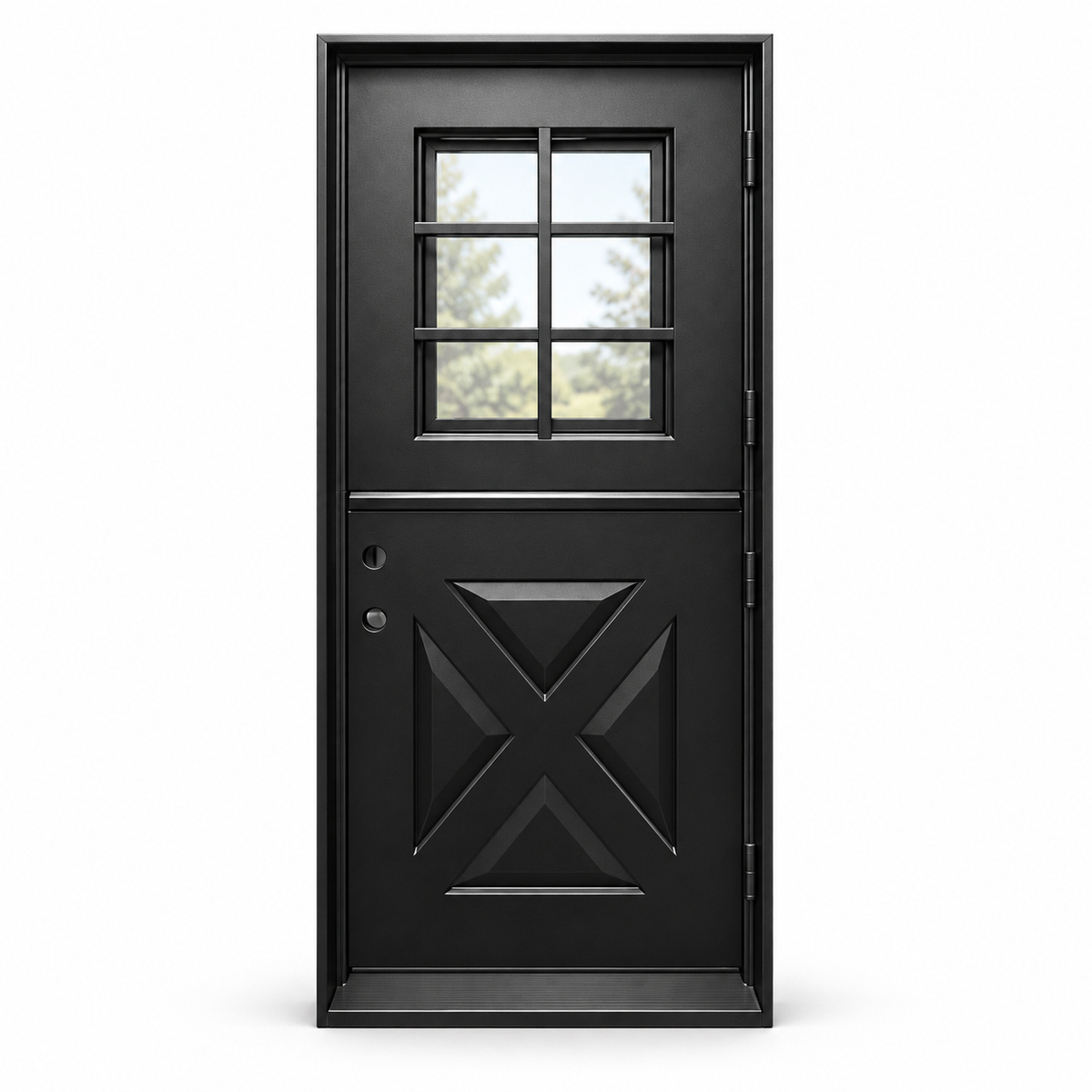 Black Angela single steel Dutch door with six-lite upper glazing and solid crossbuck lower panel on white background — product visualization