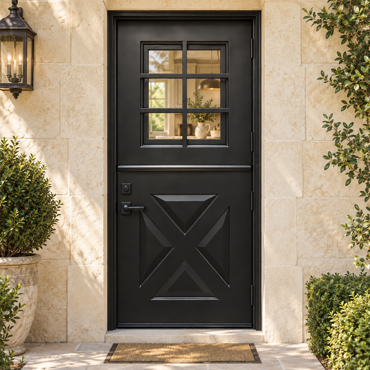 Black Angela single steel Dutch door with six-lite upper glazing and solid crossbuck lower panel at a luxury limestone kitchen entrance — lifestyle visualization