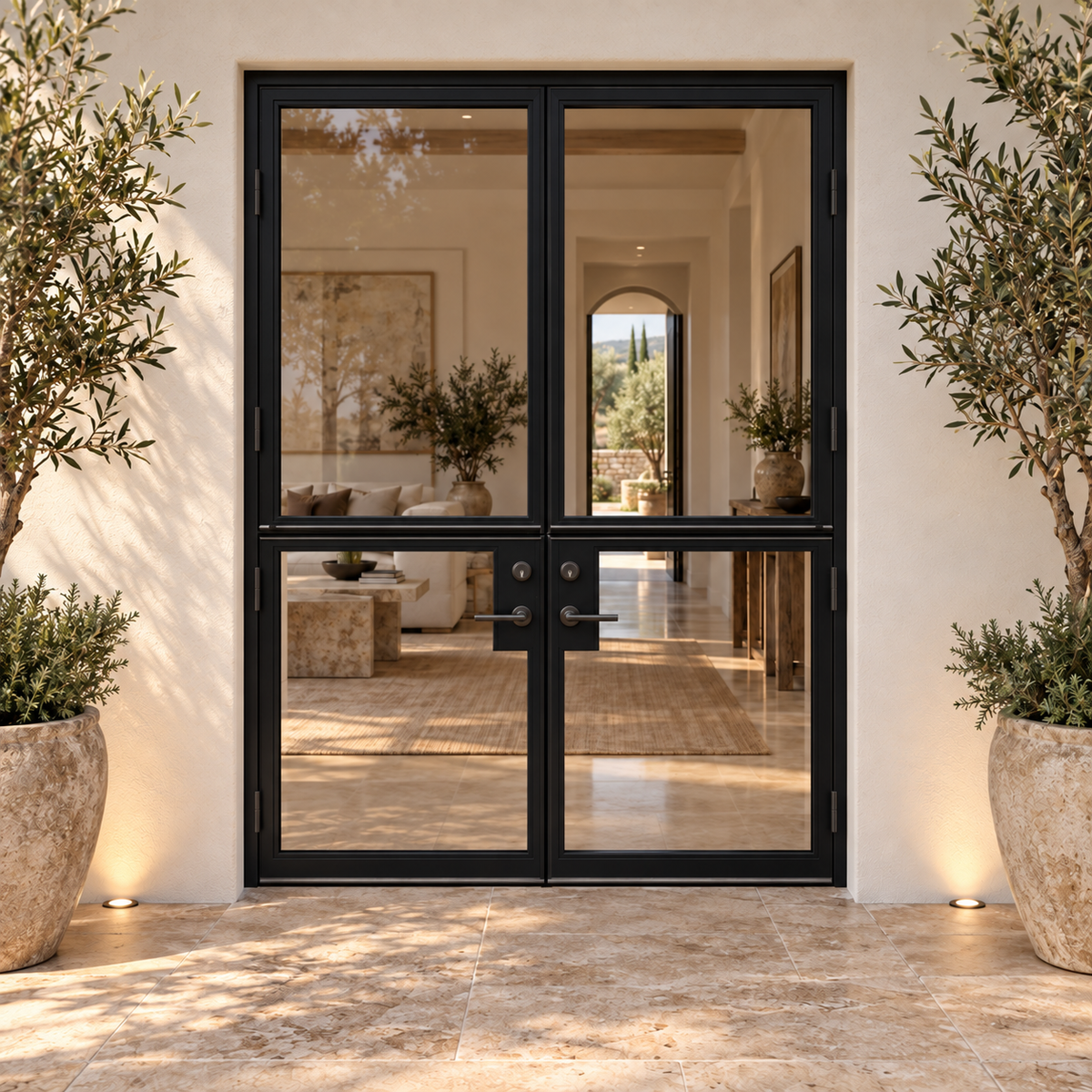 Black 2-lite double steel Dutch door at a Mediterranean-style residence — lifestyle visualization