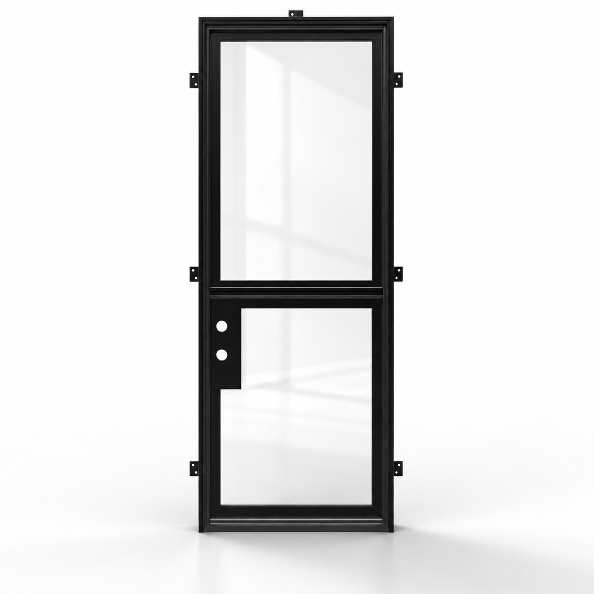 Black two-lite single steel Dutch door with hardware preparation on white — product visualization