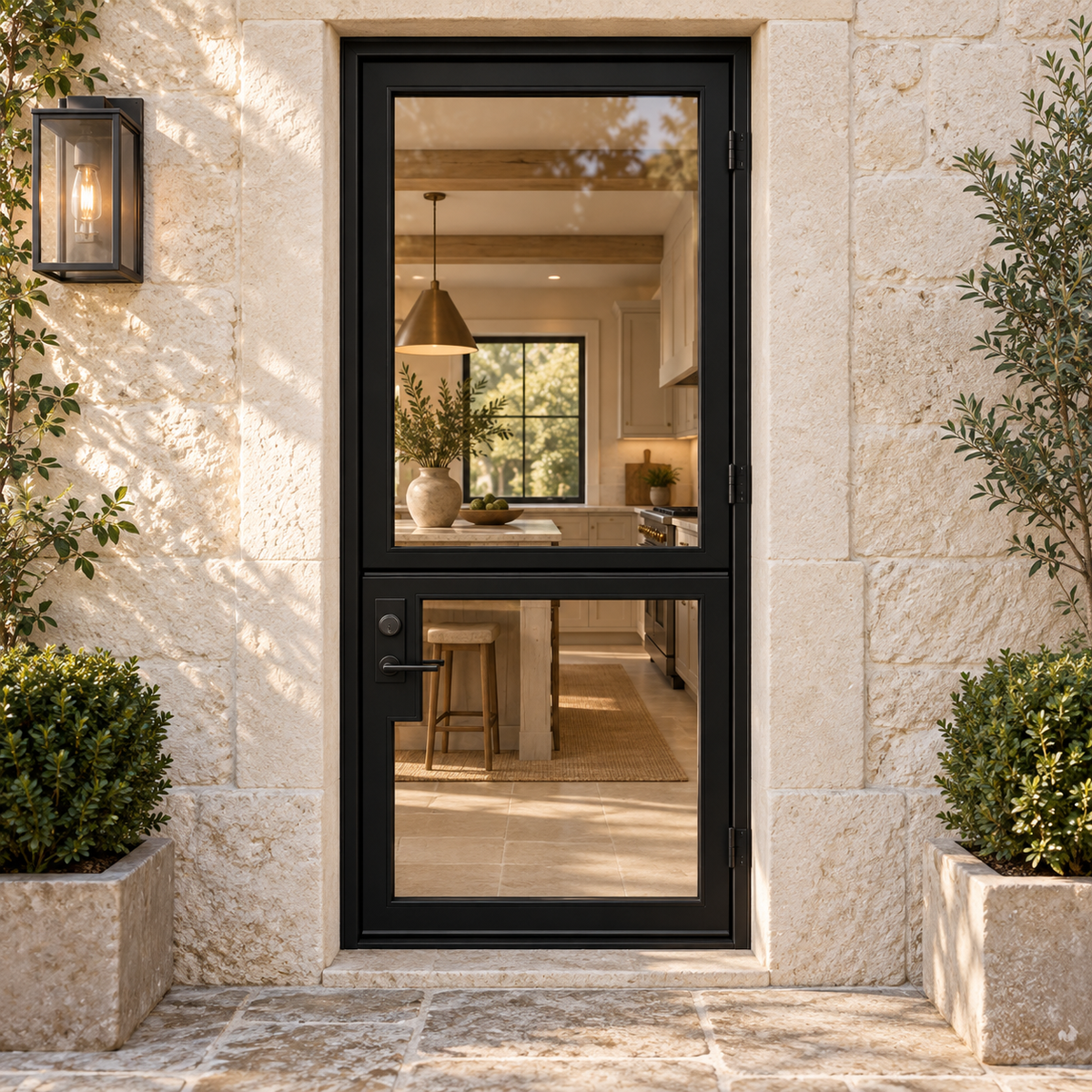 Black two-lite Dutch door at an ivory limestone kitchen entrance — lifestyle visualization
