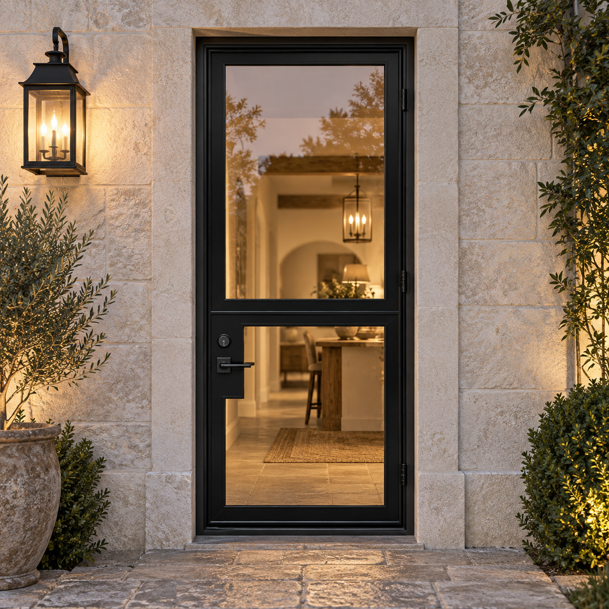 Black two-lite steel Dutch door at a warmly lit stone estate entrance — lifestyle visualization