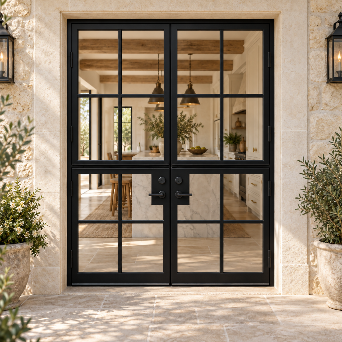 Black 8-lite double steel Dutch door at a luxury limestone residence entrance — lifestyle visualization