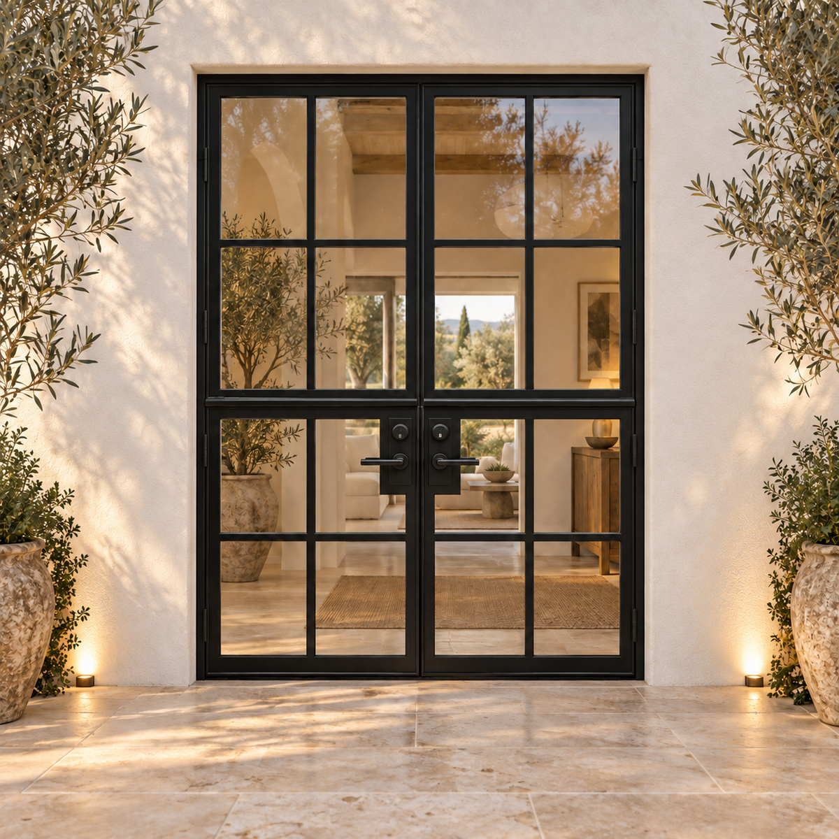 Black 8-lite double steel Dutch door at a Mediterranean-style residence — lifestyle visualization