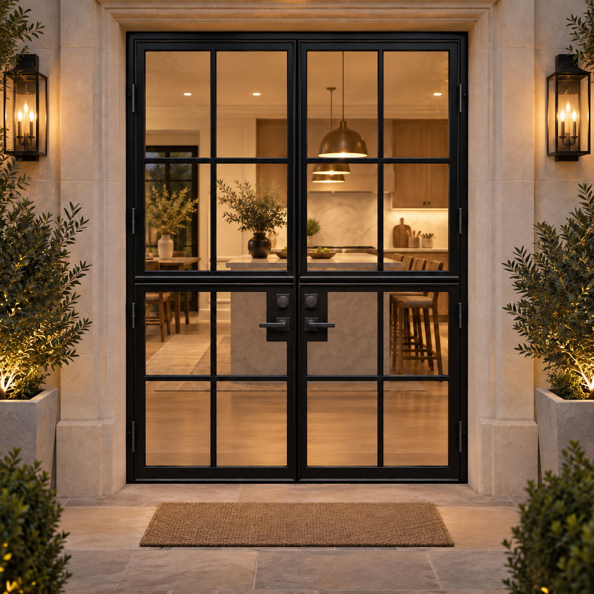 Black 8-lite double steel Dutch door at an illuminated luxury residence entrance at dusk — lifestyle visualization