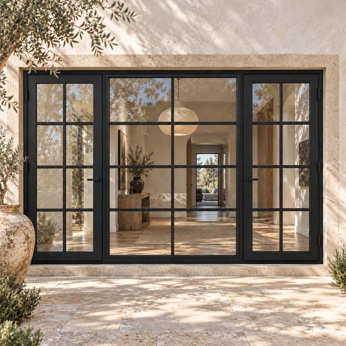Eight-lite dual single steel doors with eight-lite fixed center — courtyard AI design visualization; hardware illustrative