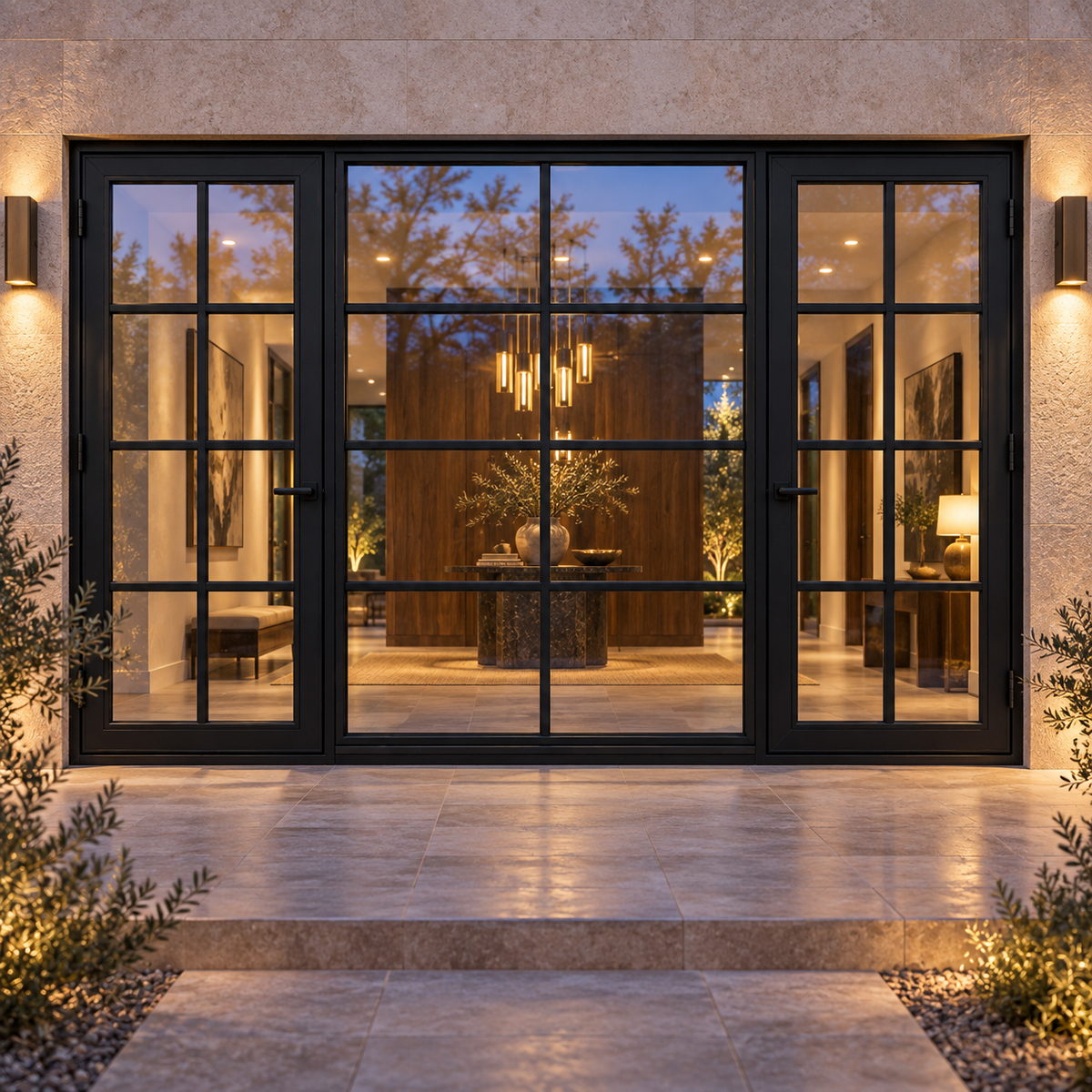 Eight-lite dual single steel doors with eight-lite fixed center — evening AI design visualization; hardware illustrative