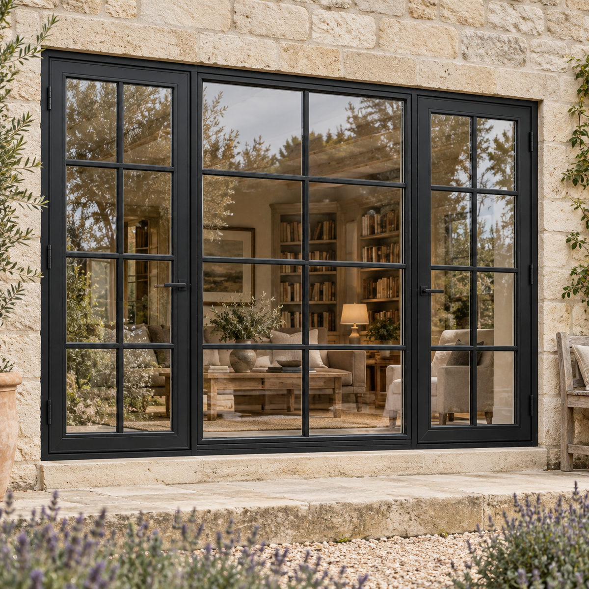 Eight-lite dual single steel doors with eight-lite fixed center — garden AI design visualization; hardware illustrative