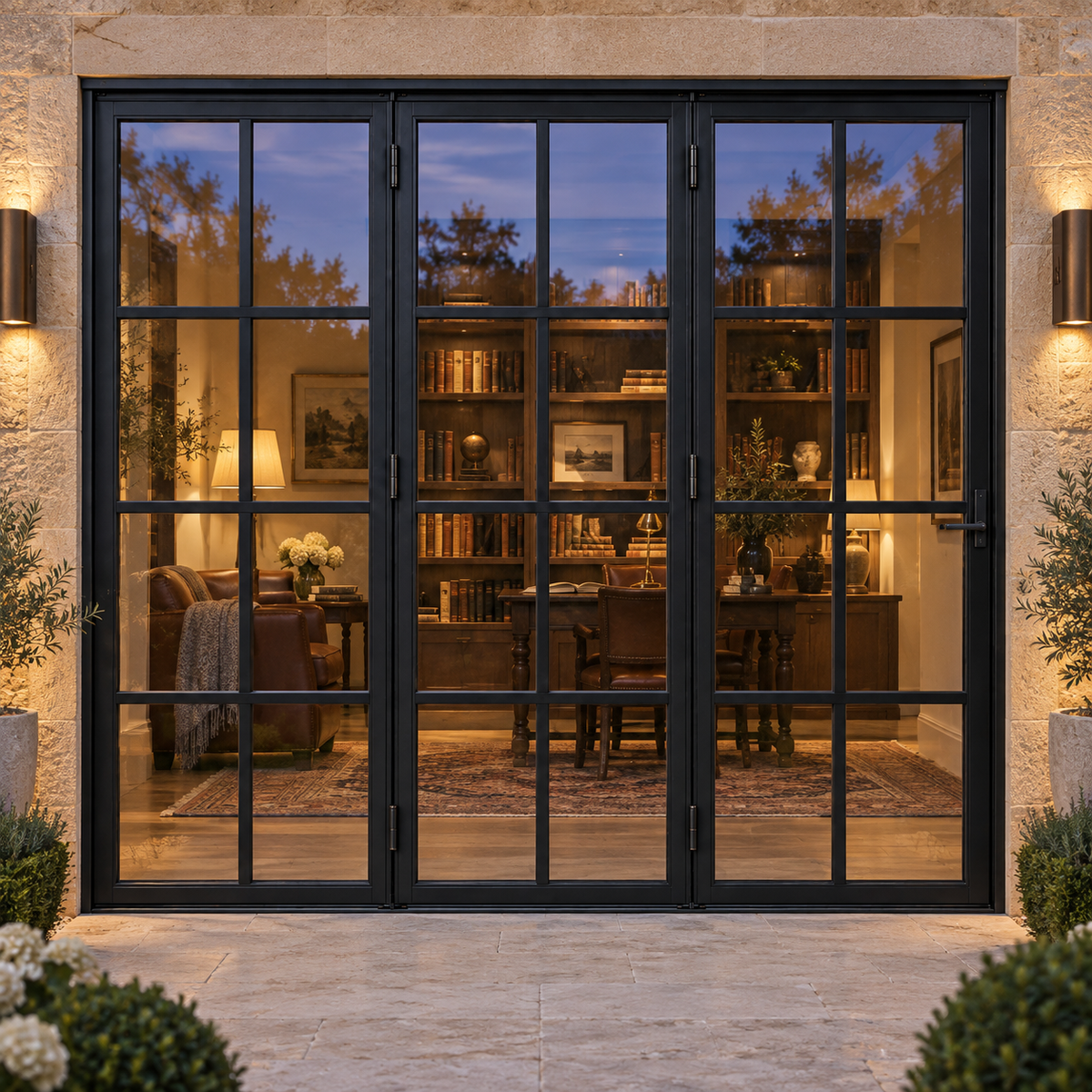 8 lite three-panel steel bifold door, 24 panes total — evening AI design visualization