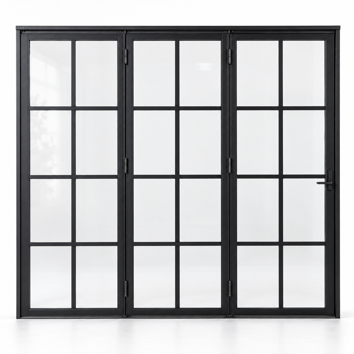 8 lite three-panel steel bifold door, 24 panes total — studio AI design visualization