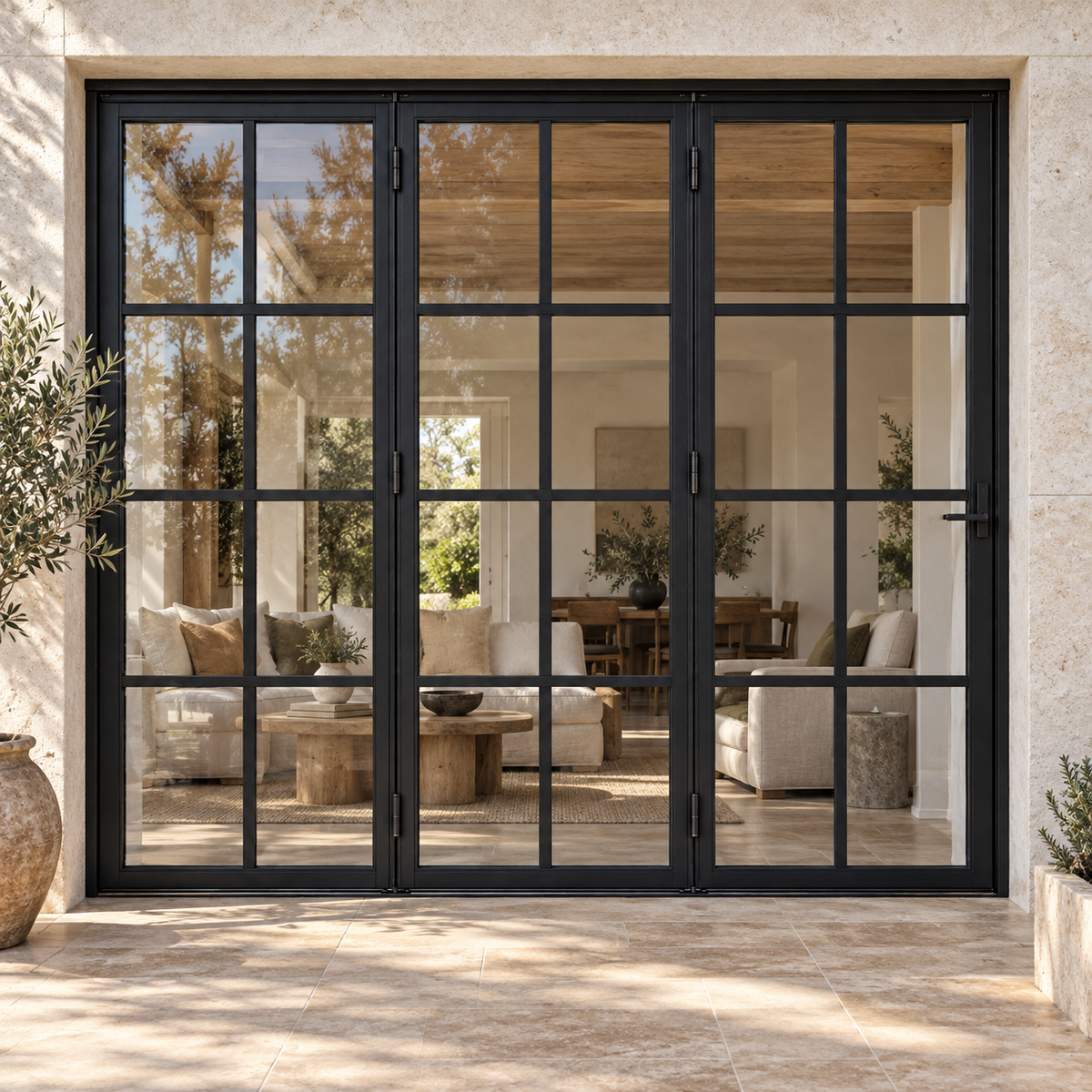 8 lite three-panel steel bifold door, 24 panes total — villa AI design visualization