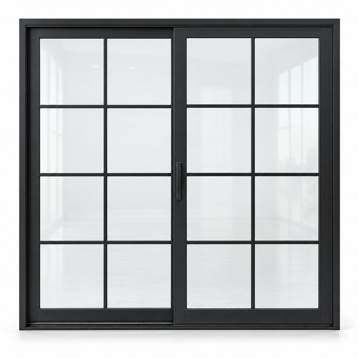 8 lite two-panel steel lift-and-slide door, 16 panes total — studio AI design visualization