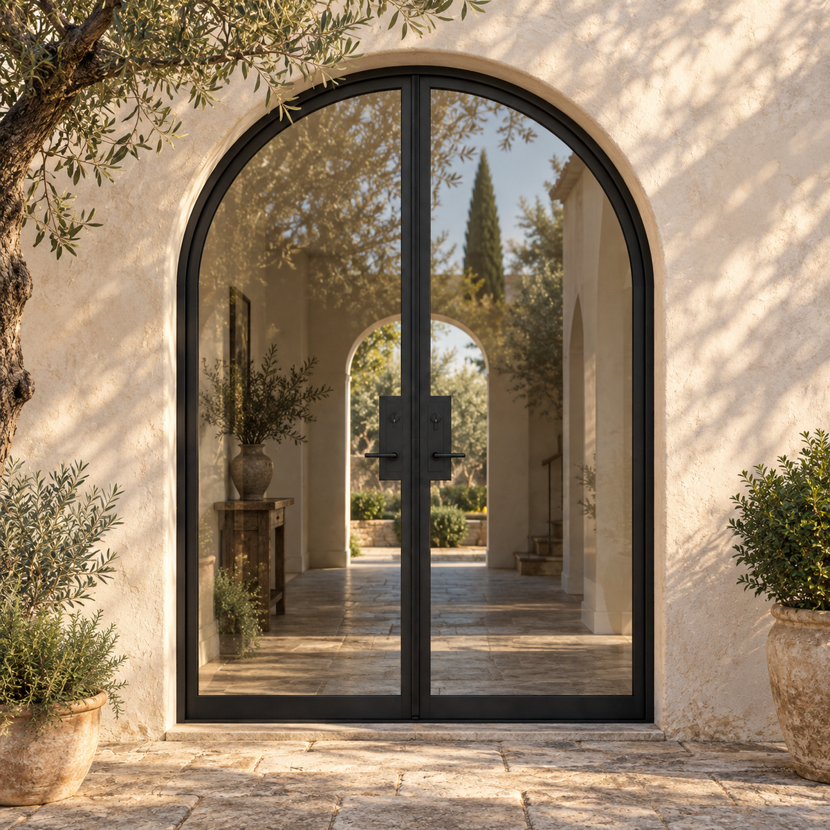 Full Lite Arched Double Hinged Steel Door — courtyard product visualization
