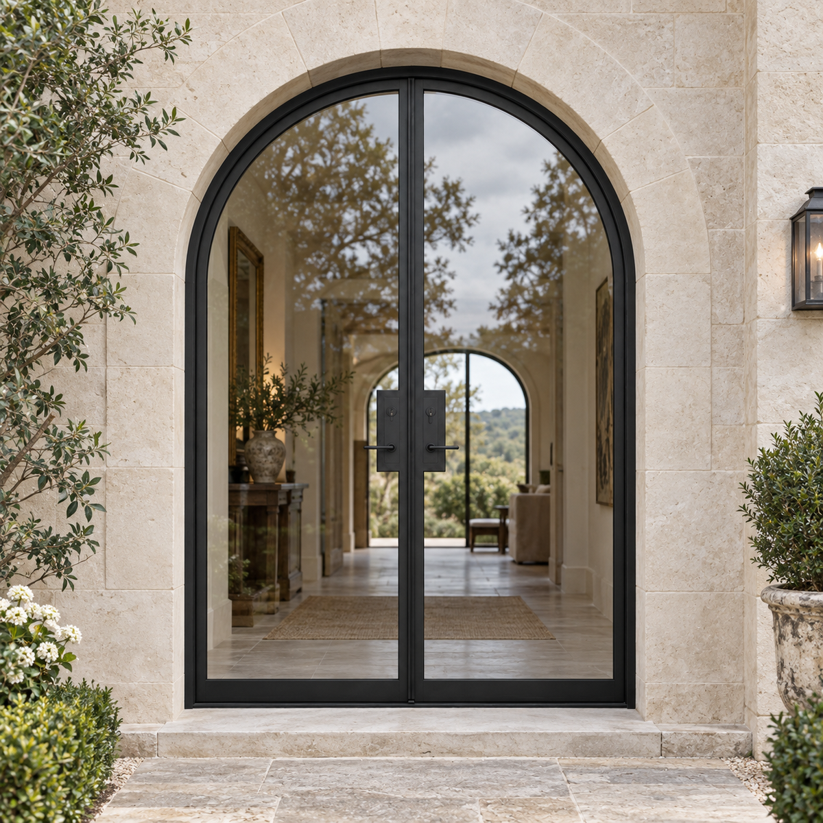 Full Lite Arched Double Hinged Steel Door — villa product visualization