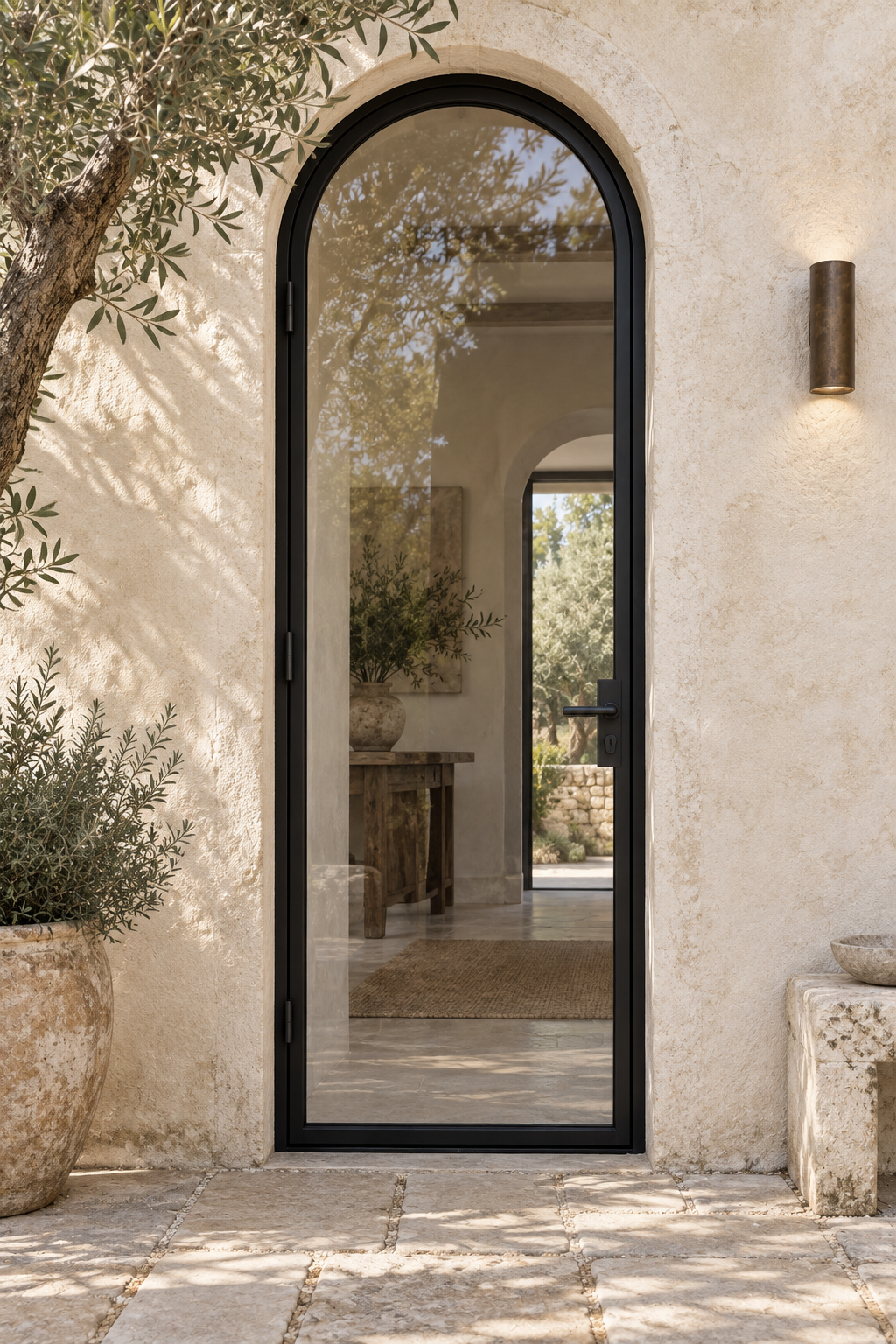 Full Lite Arched Single Hinged Steel Door — courtyard architectural visualization