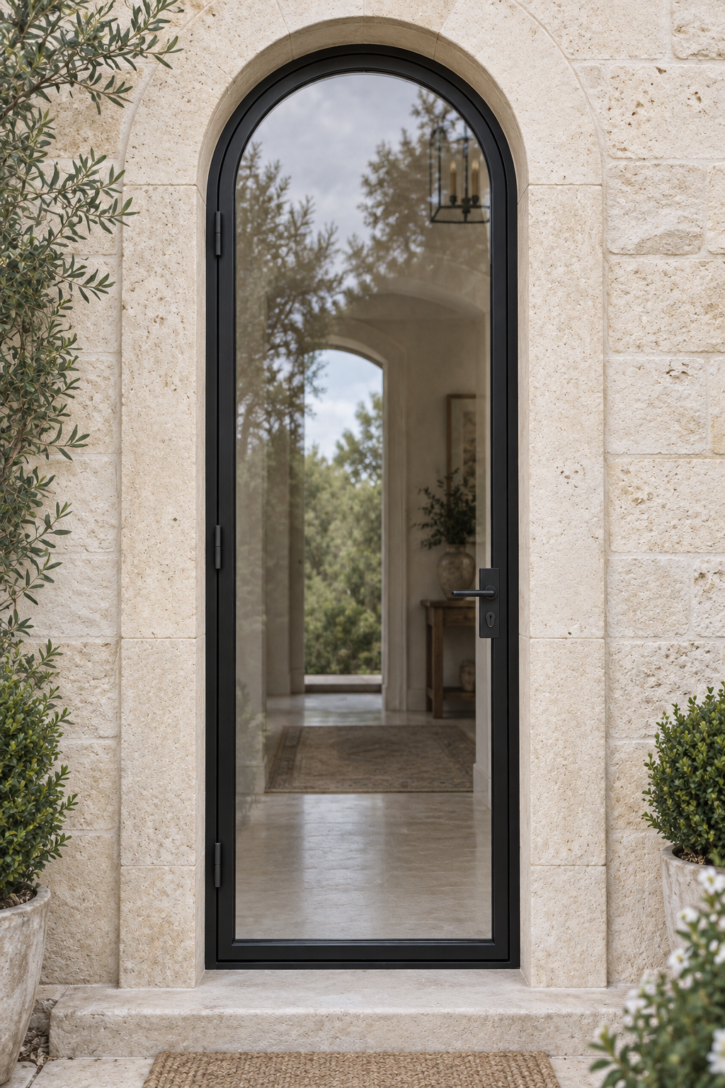 Full Lite Arched Single Hinged Steel Door — villa architectural visualization