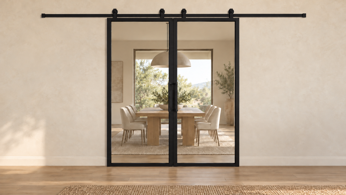 USABD Full Lite Interior Steel Double Barn Door with included rectangular pulls — dining view