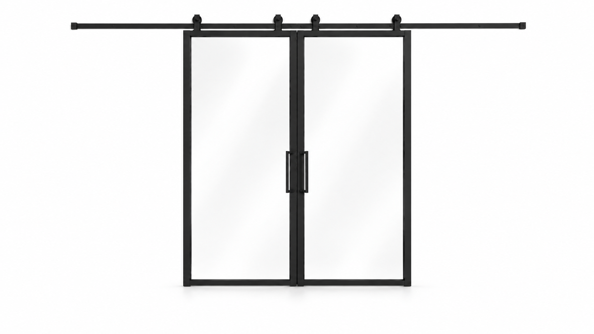 USABD Full Lite Interior Steel Double Barn Door with included rectangular pulls — studio view